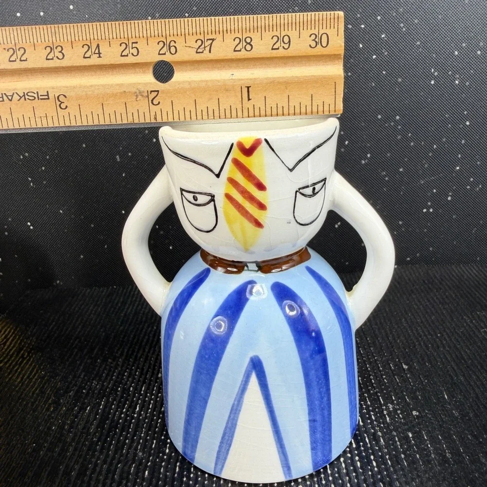 1950s Napco Whimsical Man in Suit Ceramic Egg Cup Holder Blue Striped Tie